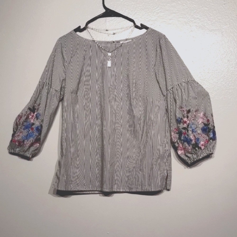 Liz Claiborne Black and White Striped Blouse with Floral Sleeves